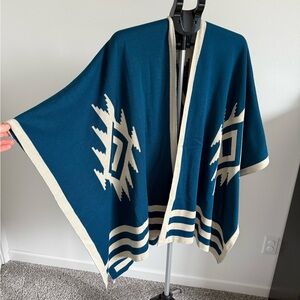 Teal and Cream Geometric Pattern Poncho